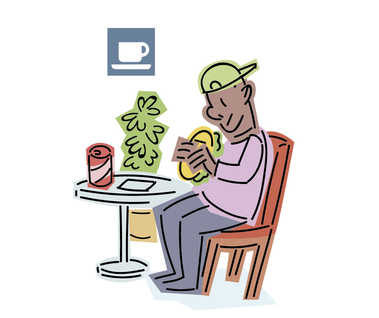 Una persona come un sándwich en una mesa, al lado de un pictograma que indica que es una cafetería.