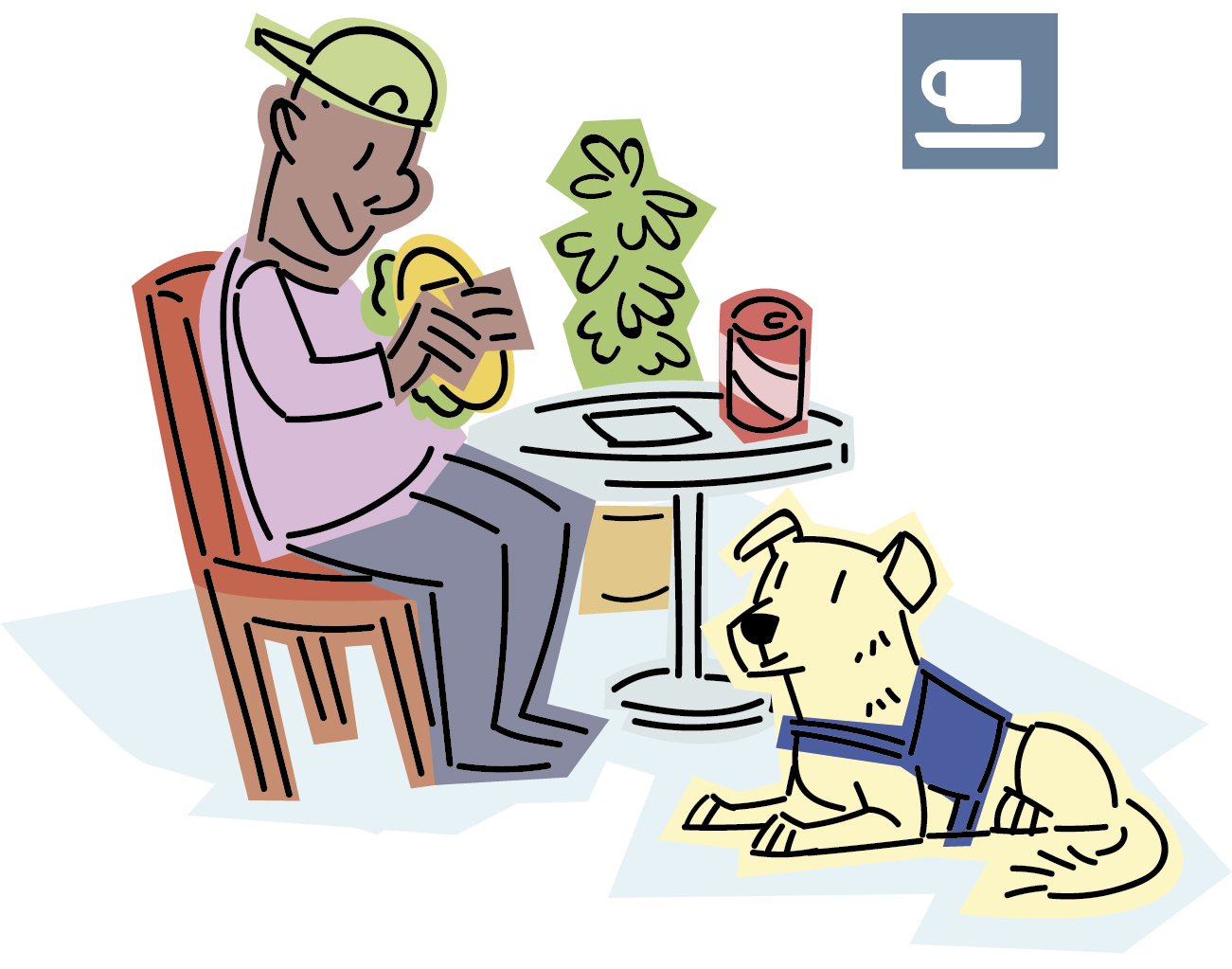 Chico comiendo un sánduche en una cafetería con su perro de asistencia a sus pies.